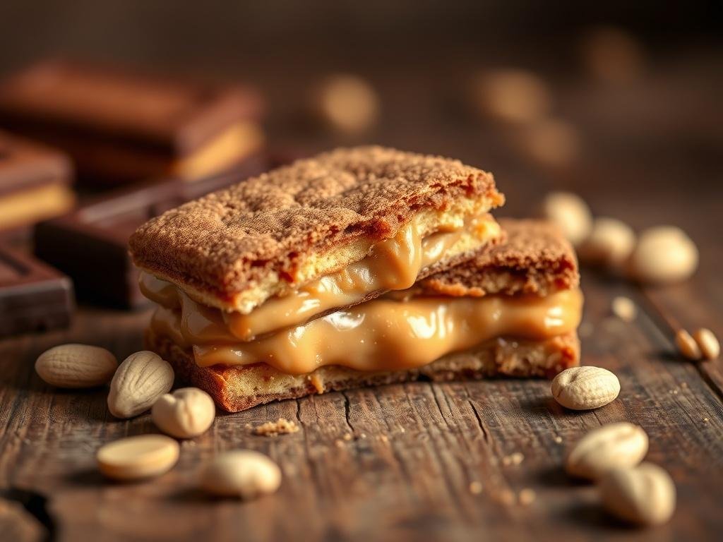 Una imagen de alta resolución de un alfajor de mantequilla de maní, cortado